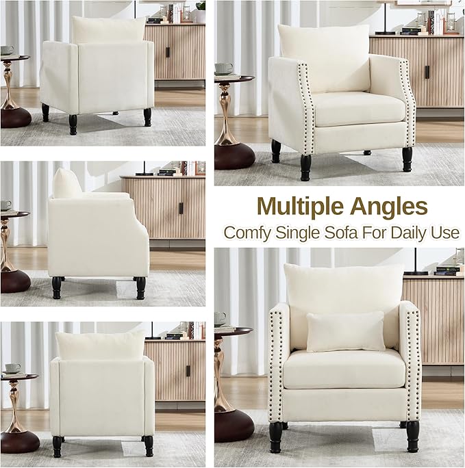 civama Linen Accent Chairs Set of 2 with Lumbar Pillow - Ergonomic Spring Support Upholstered Armchair 300LBS Capacity Nailhead Trim Easy Assembly for Living Room Bedroom Beige