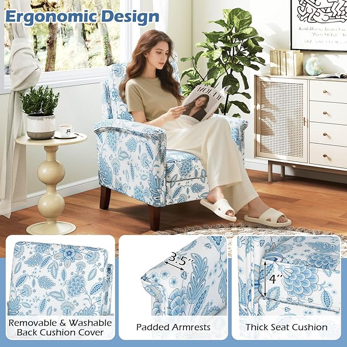 GOFLAME Floral Accent Chairs Set of 2 Comfy Upholstered Armchairs with Rubber Wood Legs and Thick Padded Cushion High Back Single Sofa Chairs Reading Side Chairs for Living Room Bedroom Blue