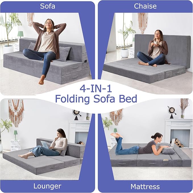 Folding Sofa Bed 4 in 1 Convertible Sleeper Chair with Pillow Queen Memory Foam Fold Out Chair Bed Modern Floor Futon Sofa Couch Mattress for Living Room/Guest/Apartment Light Gray