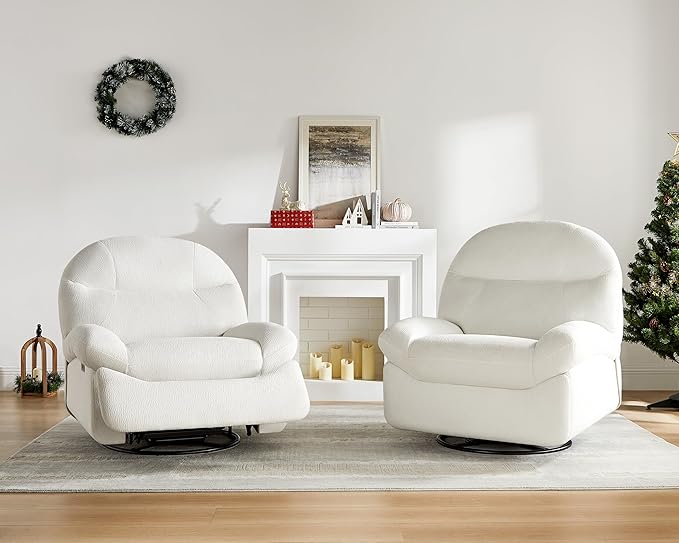 VANOMi Power Recliner Chair with Charging 270° Swivel Glider Rocker Electric Nursery Recliner for Living Room Bedroom and Office White Sets of 2
