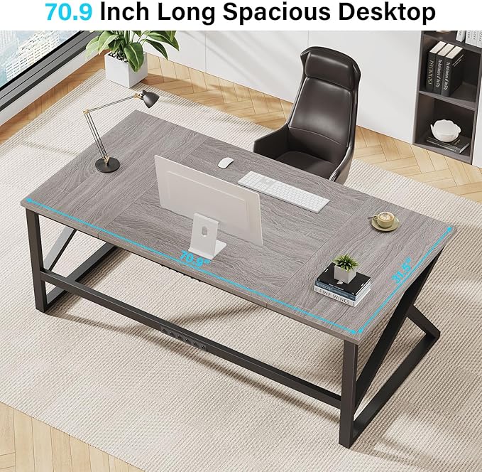 IBF 70 Inch Large Home Office Desk Industrial Long Executive Work Writing Study Computer Table Farmhouse Big Metal Wood Double Desk for Bedroom Living Room Rustic Dual Monitor Desk Light Grey
