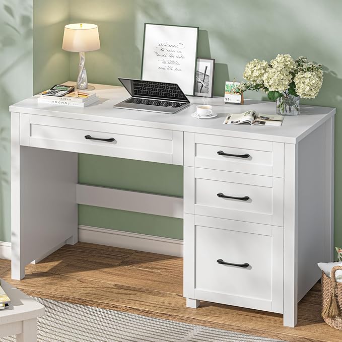 Farmhouse 47 Executive Desk with 4 Drawers Computer Desk with File Drawer Workstation for Study Home OfficeCream White.