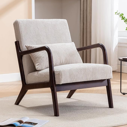 Mid Century Modern Accent Chair Arm Chair Living Room Chairs with Lumbar Pillow Upholstered Lounge Reading Chair with Solid Wood Frame &amp Corduroy Fabrics for Living Room Bedroom (Beige)
