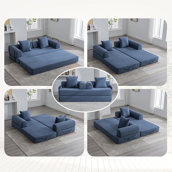 4‑in‑1 Convertible Sleeper Sofa Bed DIY Combination Floor Sofa Lounge Couch with Cylindrical Pillow Corduroy Futon Folding Mattress Couch for Apartment Bedroom Playroom Navy Blue