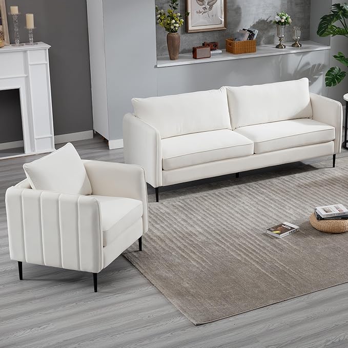 Leather Accent Chair Mid Century Modern PU Leather High Back Armchair for Living Room Chairs with Solid Wood Legs for Small Spaces Bedroom Office (Ivory-Velvet 29.13D x 32.68W x 35.04H)