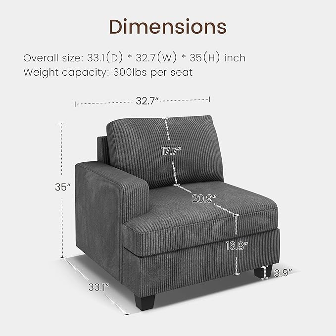 Nolany Left Armrest for Modular Sectional Couch Customizable Left Armrest for Sectional Sofa Dark Grey