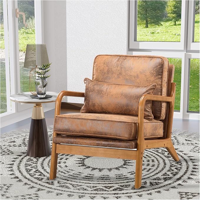 Leather Armchair with Wood Frame Waist Cushion Mid Century Modern Comfortable Single Person Sofa Chair Armrest Reading Accent Chairs for Living Room Bedroom (Brown)
