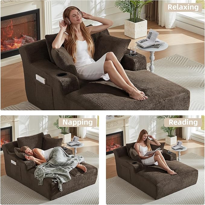 Oversized Chaise Lounge Chair - Upholstered Couch Cloud Boneless ChairDeep Seat Sleeper Sofa with Cup Holders and Side PocketsComfy Reading Chair for Living Room (Dark Brown)