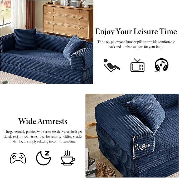 Folding Convertible Sleeper Sofa Bed Corduroy Upholstered Boneless Couch with Pillows Modular Floor Sofa Compression Couch for Living Room No Assembly Required (Blue)