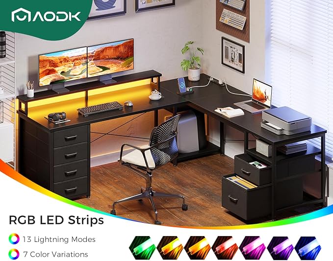 AODK 66 L Shaped Computer Desk 113“ Reversible Home Office Desk with File Cabinet &amp 4 Fabric Drawers Two Person Desk with LED Lights &amp Power Outlet Corner Gaming Desk with Monitor Shelf B