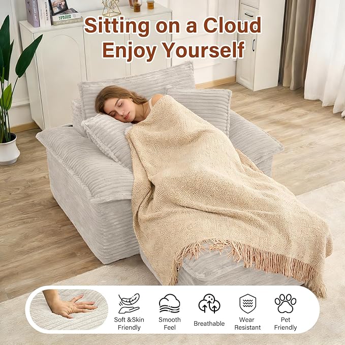 Boneless Sofa with Removable OttomanUpholstered Sofa Bed with PillowsPlush Faux Fur Lounge Reading Chairs with ArmrestsCloud Couches for Living RoomNo Assembly Required (White Single seat) | No A