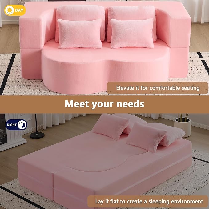2-in-1 Folding Sofa Bed with Pillow No Assembly Futon Twin Size Sofa Bed Breathable Velvet Convertible Couch Bed for Living Room and Guest Room 78.7 Inch Pink