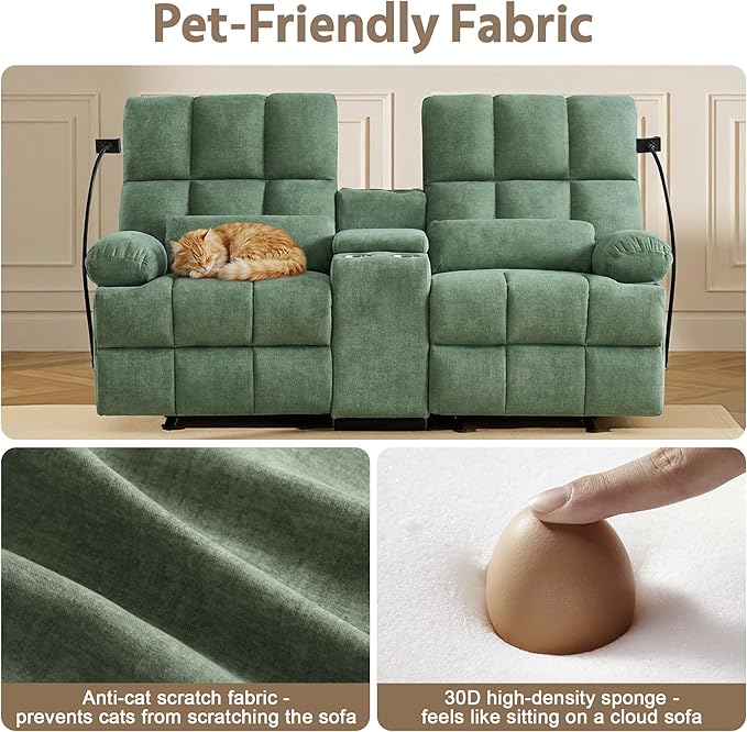 Reclining Loveseat with Rocker FunctionCat-Proof Loveseat Recliner Sofa with Phone Holder/USB/Type C RV Double Rocker Reclining Couch for Home TheaterLiving Room (Green) | Rocker Function Cat-Proo