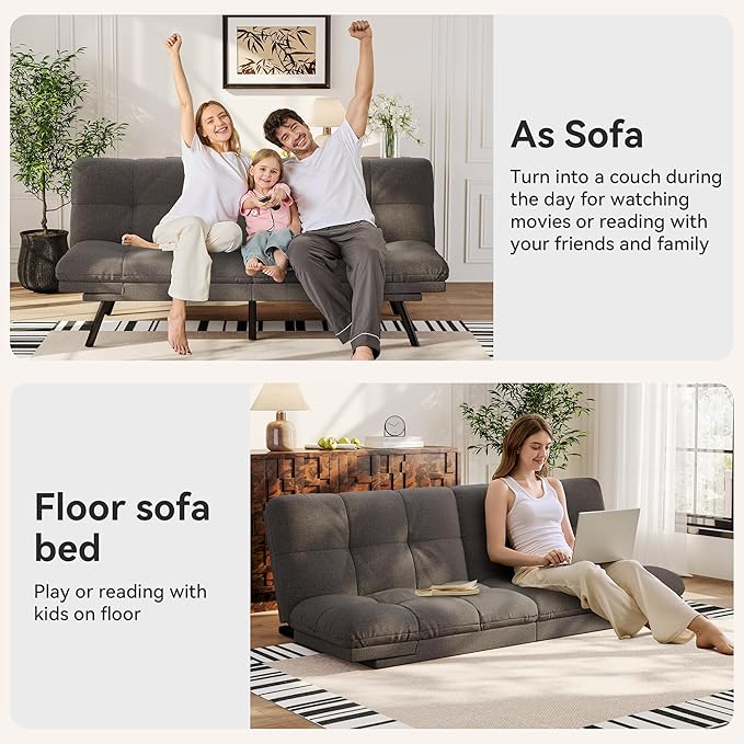 Vipbear 71 Convertible Futon Sofa BedGrey Linen Fabric Futon Couch with Detachable CushionAdjustable Backrest &amp ArmrestModern Loveseat Sleeper Recliner for Living RoomOfficeApartment