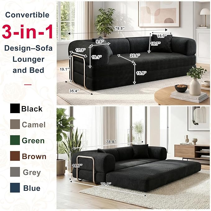 78 Inch Folding Convertible Sofa Bed 4-in-1 Oversized Cloud Corduroy Upholstered Boneless Couch Loveseat Sleeper with Pull Out Bed Modular Futon Floor Sofa Couch for Living Room Bedroom Lounge