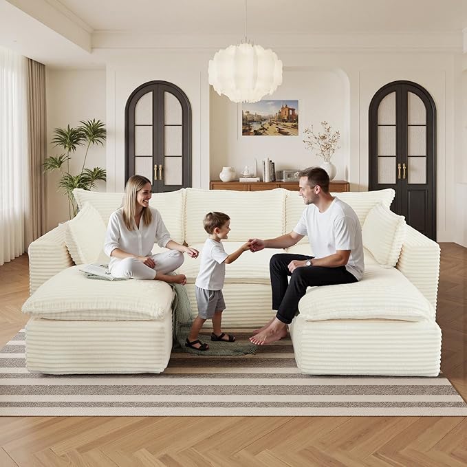 110 Sectional Couches for Living Room Boneless Couch Upholstered Cloud Couch Sectional Modular Sectional Sofa with L Shaped (Corduroy-White 3 Seat+2 Ottoman)