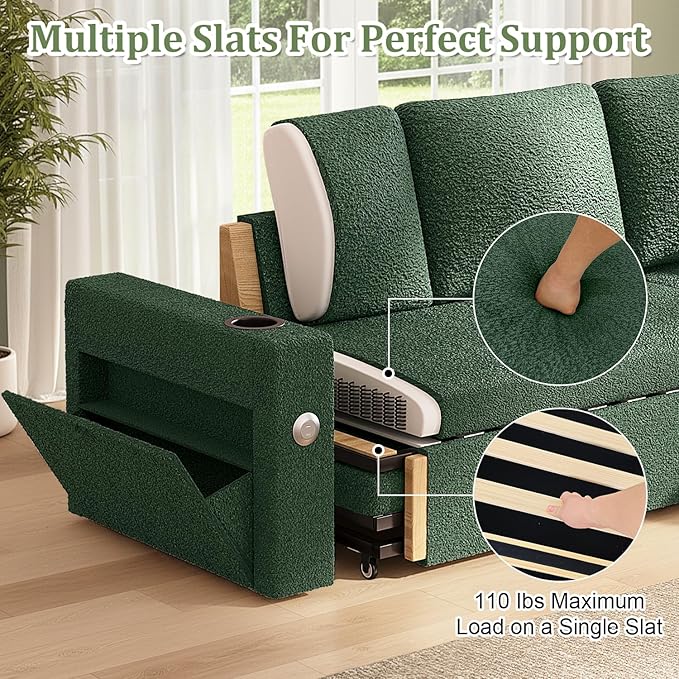 82 Inch L-Shape Sectional Couch 4-in-1 Multifunctional Pull-Out Couch Sleeper Sofa with Storage Chaise Charging Station Cup Holder for Living Room/Office/Apartment (Green)