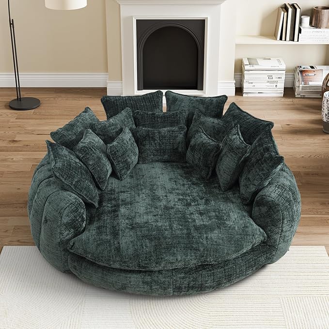 81 Round Sofa Bed Big Bean Bag Round Chaise Lounge Oversized Round Couch Boneless Reading Chair Plush Fluffy Chenille Large Chaise Chair for Living Room Bedroom Apartment Green