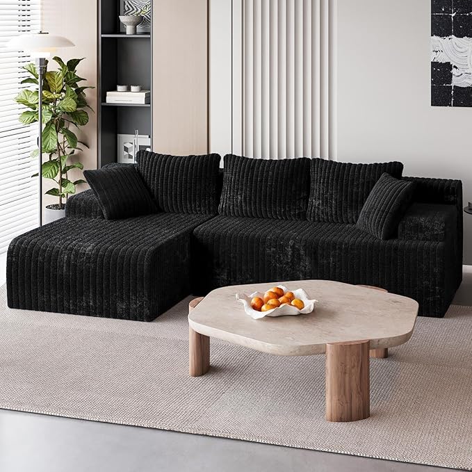 LAUSAINT HOME 96 Modular Sectional Sofa Couches L-Shaped Boneless Cloud Sofa with 3 Deep Seat 5 Cushiones Oversized Chaise for Living Room Bedroom Plush Corduroy Fabric (Left Black)