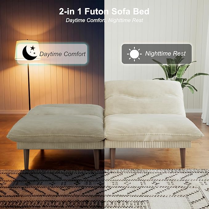 LLappuil Futon Sofa Bed 75 Futon Couch with Adjustable Backrest Corduroy Convertible Recliner Sleeper Sofa 4 in 1 Recliner Chair for Small Space Living Room Apartment Guest Room or Office Beige