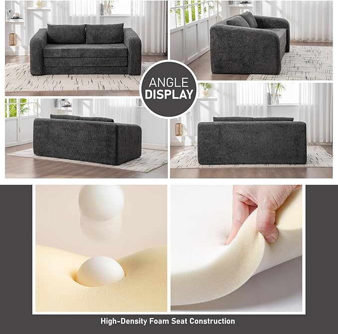 Grey Cloud Loveseat Sofa - 71 Convertible Folding Sofa Bed Chenille Boneless Floor Lounge Couch with Armrest &amp Backrest Pillows No Assembly Pull Out Sleeper for Bedroom Living Room (Grey 71 W