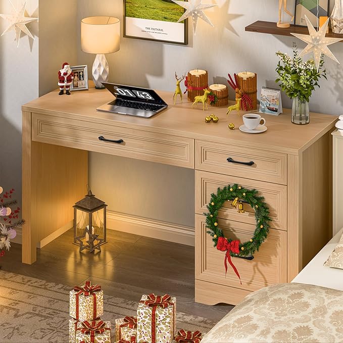 Vabches Farmhouse Executive Desk with Storage and Ample File Drawer Rustic Large Home Writing Desk for Bedroom Natural
