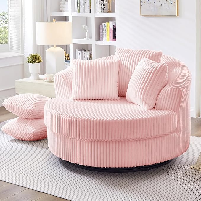 360° Swivel Accent Barrel Chair Corduroy Comfy Round Swivel Chair with Mental Base &amp Pillows Modern Lounge Reading Armchair Upholstered Plush Sofa Chairs for Living Room Bedroom Apartment(Pin