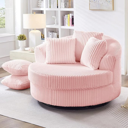 360° Swivel Accent Barrel Chair Corduroy Comfy Round Swivel Chair with Mental Base &amp Pillows Modern Lounge Reading Armchair Upholstered Plush Sofa Chairs for Living Room Bedroom Apartment(Pin