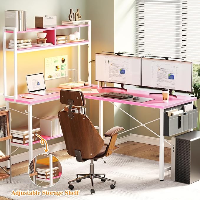 Aheaplus L Shaped Desk Gaming Desk 59 L Shaped Computer Desk with LED Light &amp Power Outlet Reversible Home Office Desk Gamer Desks with Shelves &amp Storage Bag &amp Hooks Corner PC Desk Pi