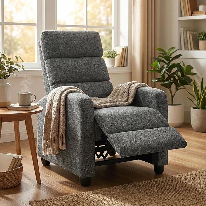 Furnimart Small Manual Recliner Chair for Small Spaces Overstuffed Chenille Reclining Chair with Chunky Cushion Comfortable Single Sofa Recliner for Adults Living Room Bedroom Home Theater Gray