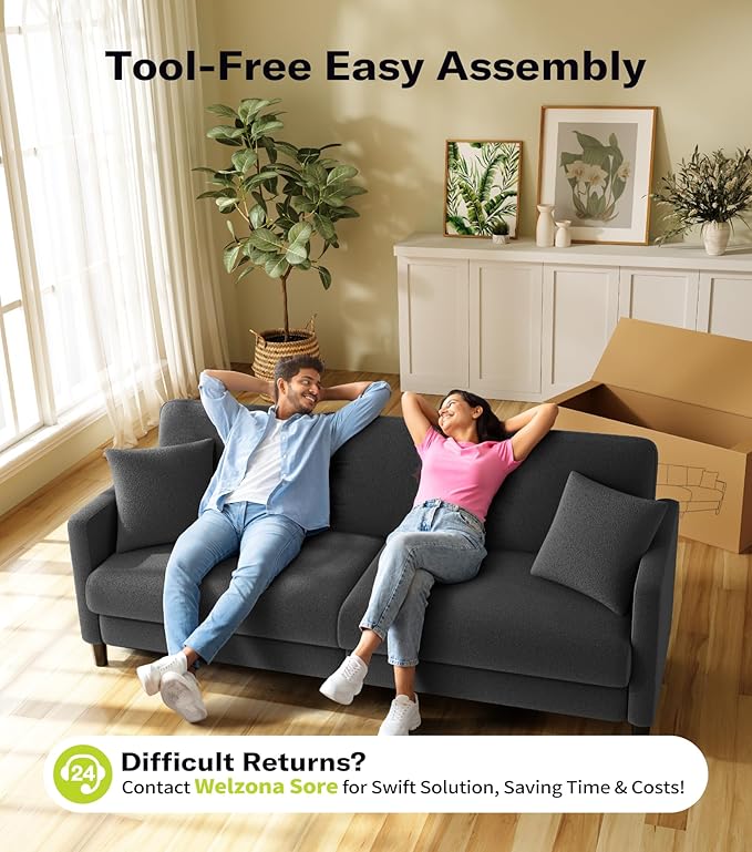 Teddy Sofa Couch 83 Comfy Couches for Living Room Classic Grey | 22 Extra Deep Seat Tool-Free Sofas All-Wood Loveseat 2 Pillows Included 850lbs Load-bearing