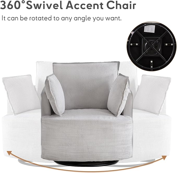 Bonzy Home 360° Swivel Accent Chair Comfy Corduroy Swivel Barrel Chair with 2 Soft Pillows Single Sofa for Living Room Bedroom Light Grey