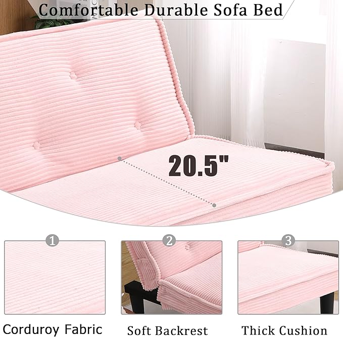 66” Armless Corduroy Sofa Bed 2-in-1 Convertible Sleeper Sofa with Tufted Back Soft Skin-Friendly Fabric Small Futon for Apartments Living Room Bedroom (Pink)