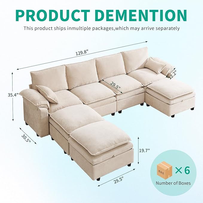 Large U-Shaped Sectional Couch Set - 6/7/8 Seater Oversized Cloud Sofa for Living Room Big Comfy Chenille Fabric Couches Extra Long Modular Sofa Bed Furniture (Beige 7-Seater Sofa)
