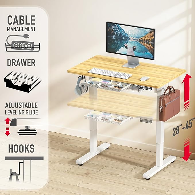 SHW 40-Inch Electric Height Adjustable Standing Desk with Drawer Memory Preset and Cable Management Tray Oak