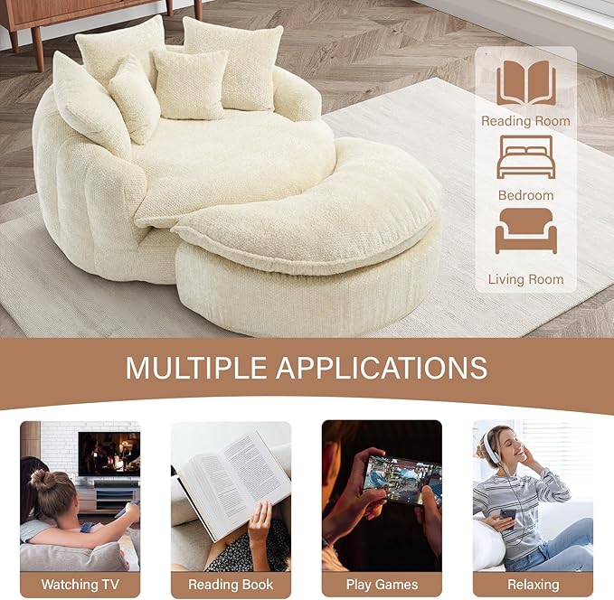 54'' Oversized Round Bean Bag Chaise Lounge Barrel Chair with Movable Ottoman Fluffy Cloud Couch Boneless Round Sofa Chair for Living Room Bedroom Apartment Beige White