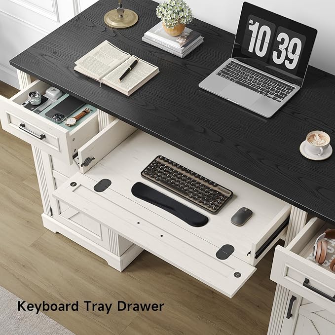 ONBRILL 59 inch Farmhouse Executive Desk with Drawers Home Office Desk with File Cabinet Outlets Storage Cabinet Keyboard Tray Wood Computer Desk for Work Study Writing (Off White &amp Black)