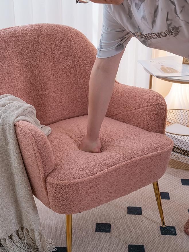 Modern Soft Teddy Fabric Pink Ergonomics Accent Chair Living Room Chair Bedroom Chair Home Chair with Gold Legs and Adjustable Legs for Indoor Home