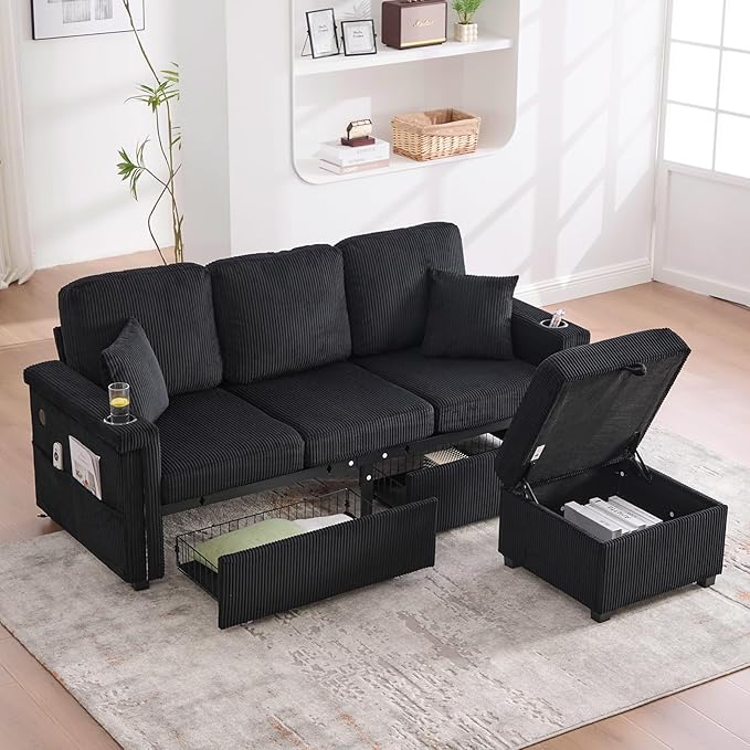 76.8 L-Shaped Sleeper Sofa with Storage Ottoman USB Ports Cup Holders&ampLED Lights Side Pockets Comfy Corduroy Modern 3-Seater Small Couch Bed for Living Room with 2 Throw Pillows (Black)