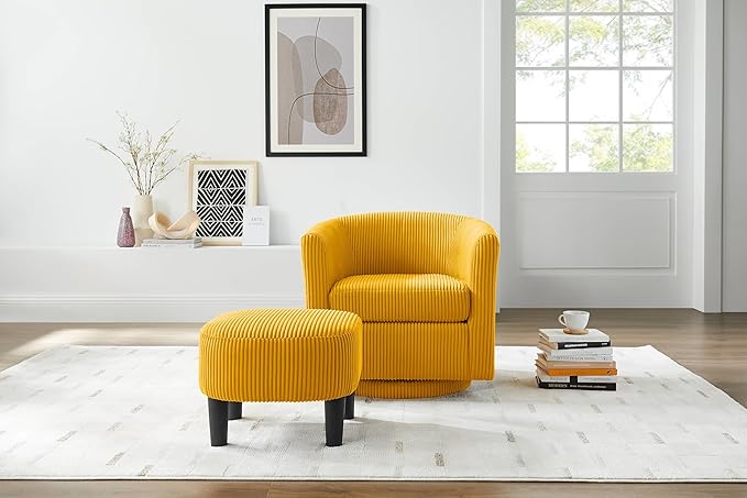 360° Swivel Accent Chair with Ottoman - Comfy Corduroy Recliner Armchair Single Sofa for Living Room &amp Bedroom (Yellow)