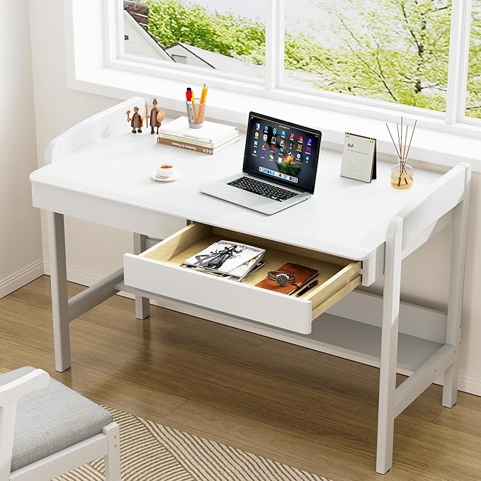 100% Solid Wood Desk with Drawers - 40 Inch Simple Modern Desks Writing Desk with Drawers &amp Shelf Work Study Table Adjustable Height Home Office Computer Desks - White