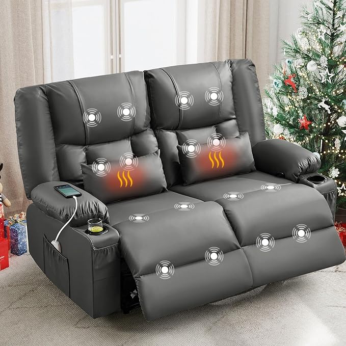 Grey Leather Reclining Loveseat with Massage/Heat/Pillow/USB/Cup Holders Oversized Loveseat Recliner for Living Room Manual Reclining Sofa for Adults 700 Lbs Capacity (Grey)