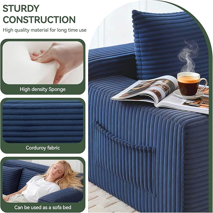 73 Convertible Sofa Bed Pull Out Boneless Loveseat Sleeper Sofa Corduroy Foldable Couch Bed with Storage Bag No Assembly Couch in a Box for Living Room Apartment (Blue)