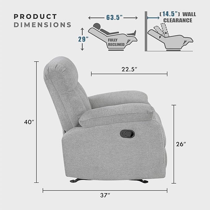 Lexicon Manual Rocker Recliner Chair for Living Room Chenille Fabric Upholstered Rocking Reclining Chair Home Theater Seating Easy Assembly Recliner Gray