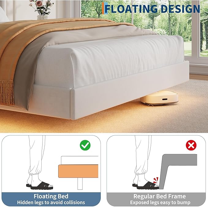 IDEALHOUSE Queen Size Bed Frame with LED Lights Floating Platform Bed with Velvet Upholstered Storage Headboard No Box Spring Needed Noise Free Easy Assembly