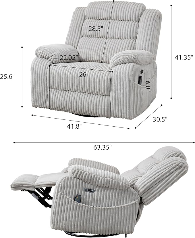 ERYE 41.8 Oversized Swivel Glider Rocker Chair Power Reclining Chair W/Vibration HeatUSB-C PortsModern Corduroy Upholstered Power Recliner Nursery Armchair Living Room