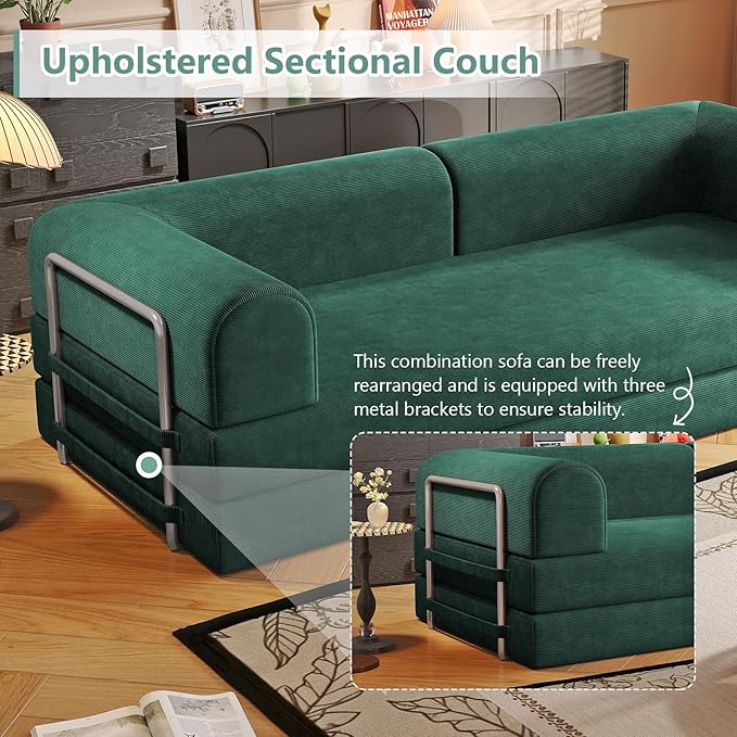 Folding Boneless Couch Convertible Sleeper Sofa Bed Futon Lounge Chair Boneless Corduroy Loveseat with Pull Out Bed Floor Sofa Modular Couch for Living Room Basement Movie Theater Room Green