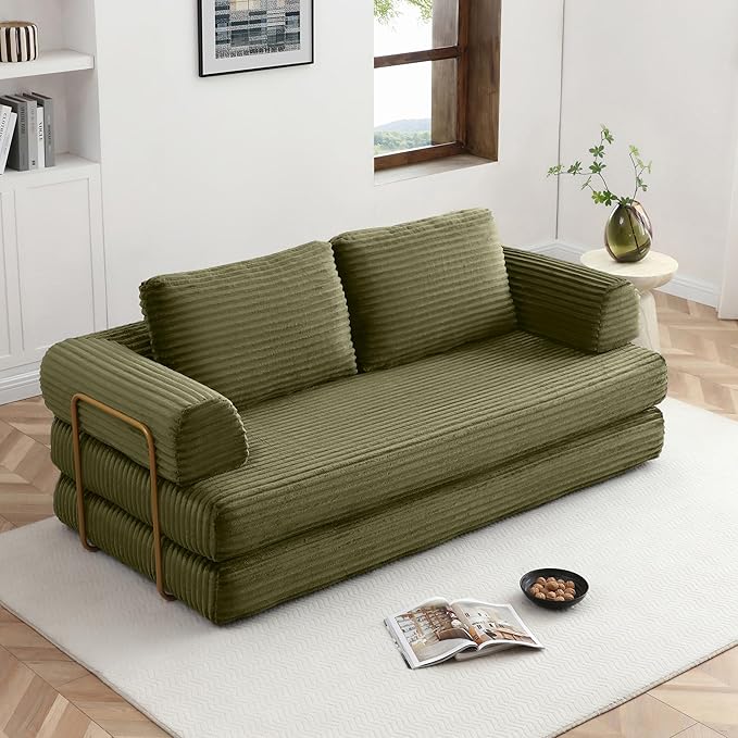 80 Convertible Sofa Bed Modern Corduroy Sleeper Sofa Folding Floor Couch with Golden Fixed-Shape Frame Green Boneless Loveseat Sofas Bed for Living Room Bedroom No Assembly Needed