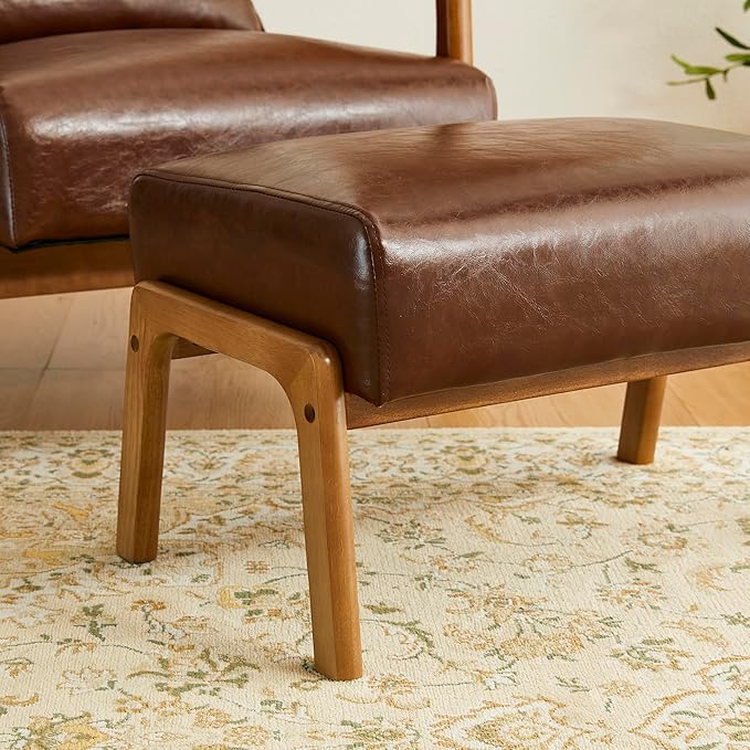 Glitzhome Rectangle Ottoman Bench Modern Coffee Leatherette Footstool with Walnut Rubberwood Legs for Living Room Bedroom