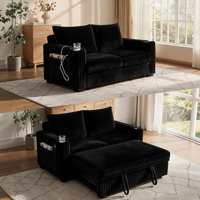 Dreamzie 53 Pull Out Couch 3 in 1 Convertible Sleeper Sofa Bed Corduroy Fabric Double Loveset with Pull Out Bed USB Port Side Pockets and Cup Holders for Living Room and Apartment Black
